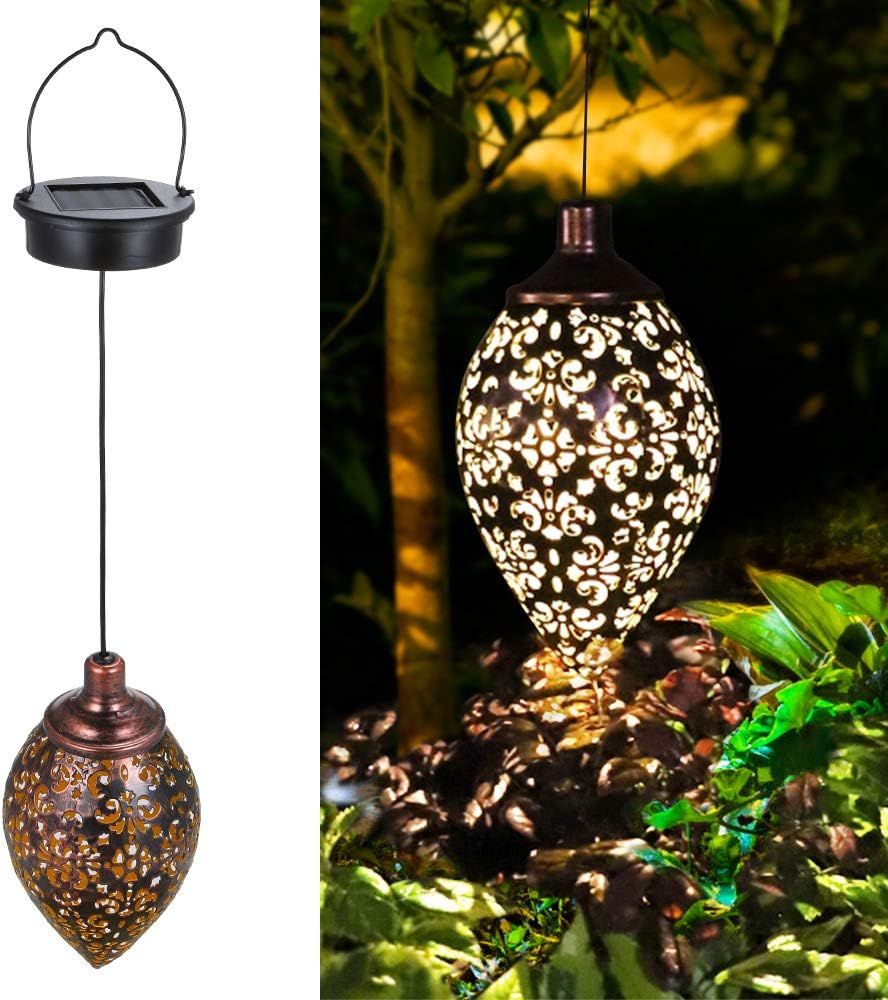 Hanging Solar Lantern LED Moroccan Metal Garden Light Waterproof for Patio and Porch