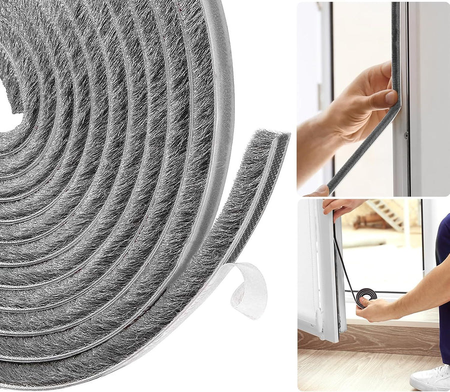 Self Adhesive Brush Door Draft Stopper Window Seal Strip Gray, 5m x 9mm x 9mm
