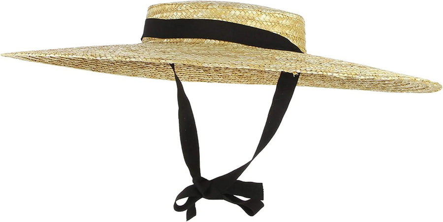 Women's Straw Boater Hat, Wide Brim Flat Top Sun Hat with Chin Strap for Beach Derby, Beige 12cm