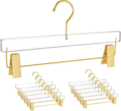 10 Pack Acrylic Pants Hangers, Adjustable Non Slip Clips with Gold Hooks for Closet, Clear Gold