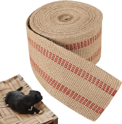 Jute Webbing Tape Roll, Natural Burlap Upholstery Strap for Chair Repair, Red Stitch 3.5 In x 5M