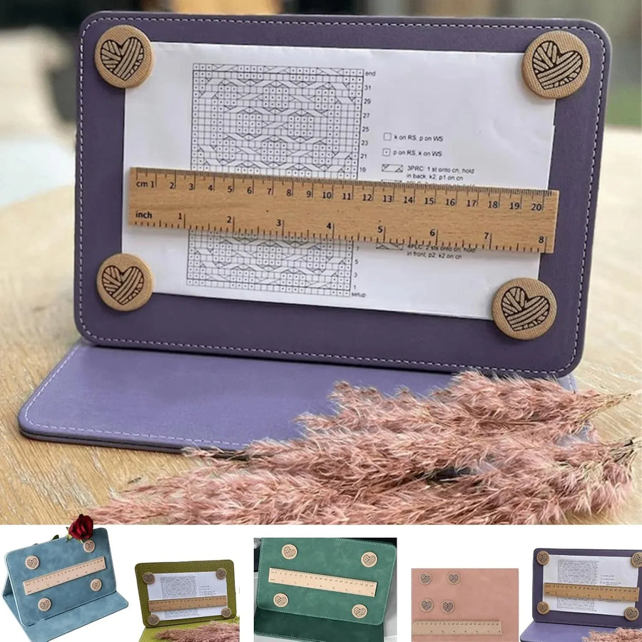 Magnetic Knitting Pattern Holder, Foldable PU Leather Chart Keeper with Magnetic Ruler, Purple