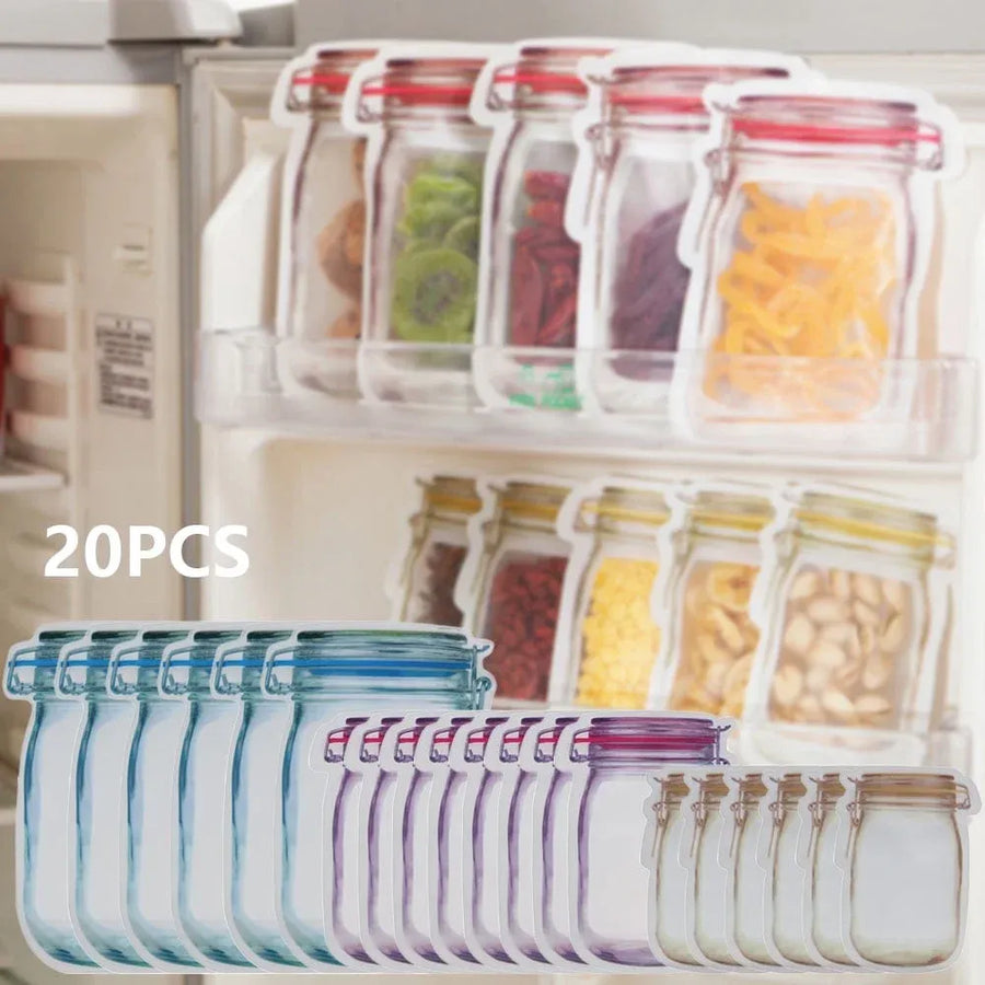 20 Pack Reusable Mason Jar Food Storage Bags, Zipper Seal Snack Bags for Kitchen Travel, 3 Sizes