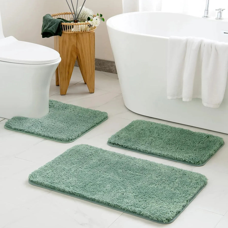 3 Piece Bathroom Rug Set, Soft Microfiber Absorbent Non Slip Bath Mats for Toilet Tub, Sage Green