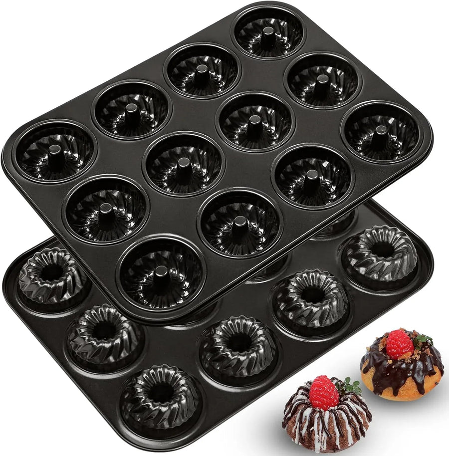 2 Pack Mini Fluted Cake Pan Set, 12 Cup Nonstick Carbon Steel Mold for Mini Cakes Muffins