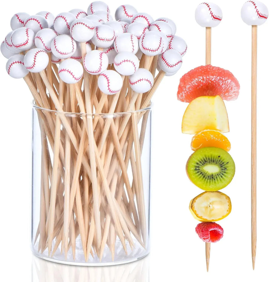 100 Pcs Baseball Cocktail Picks, 4.7 Inch Bamboo Appetizer Fruit Skewers for Sports Parties
