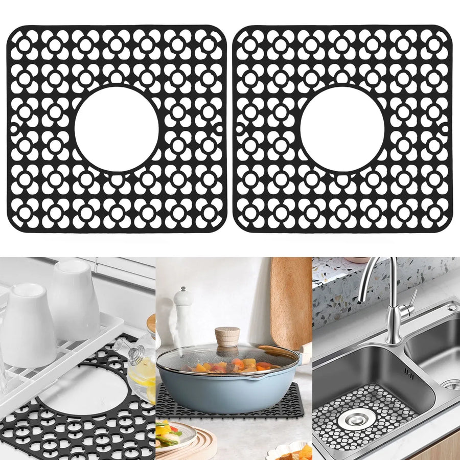 2 Pack Silicone Sink Protector Mats, Anti Slip Heat Resistant Grid Pads, Black 12.2 x 11.5 In