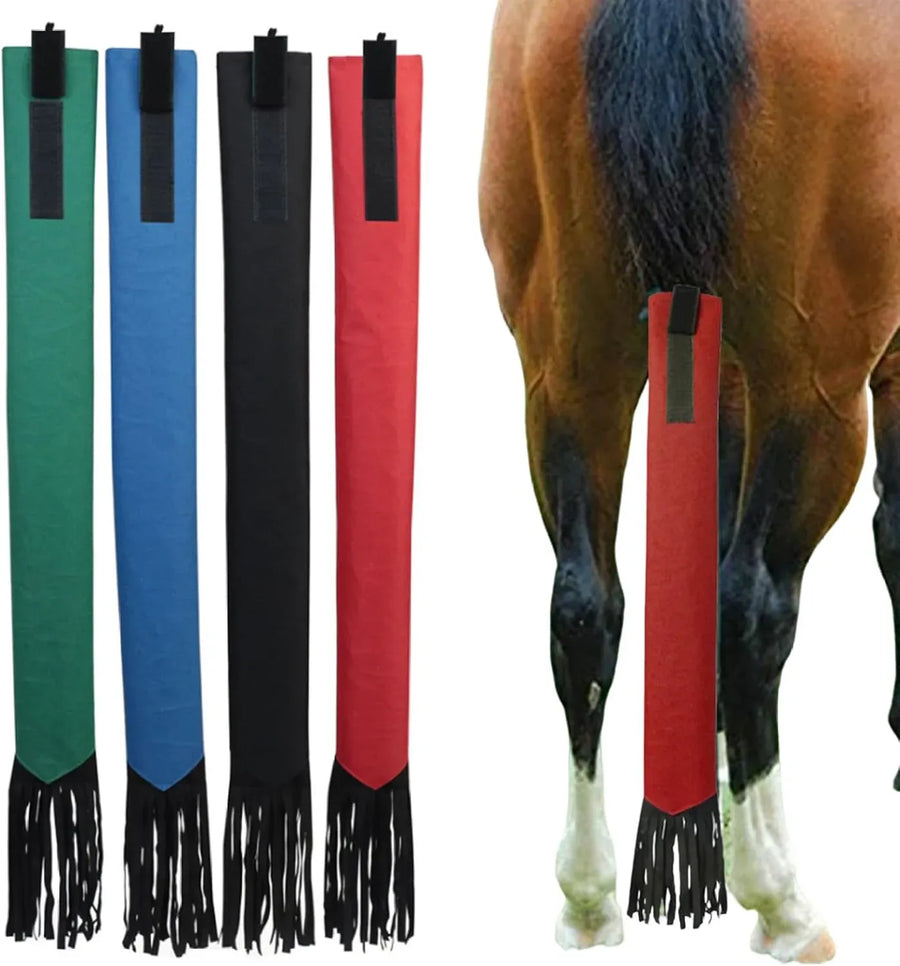 4 Pack Horse Tail Bags, Non Woven Tail Wraps with Fastener Fringe, Black Red Blue Green