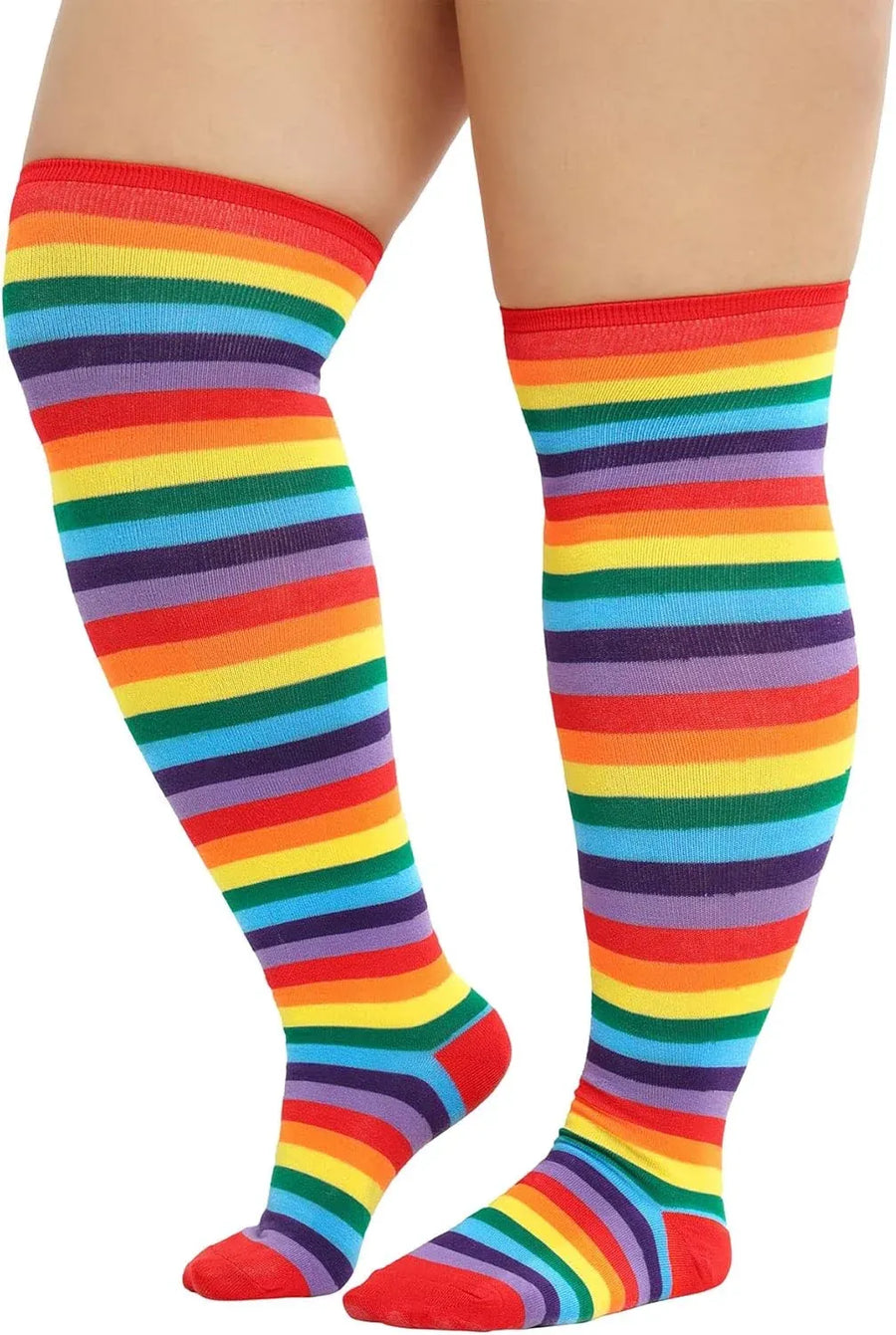 Plus Size Thigh High Socks, Rainbow Striped Over Knee Stockings for Cosplay Party, One Size