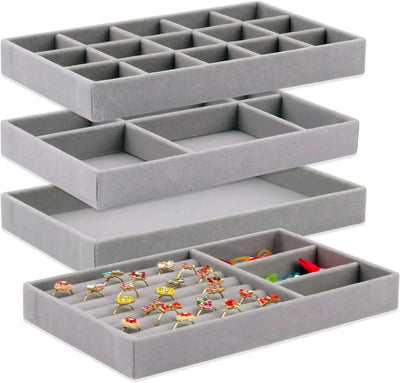 4 Pack Velvet Jewelry Organizer Trays, Stackable Drawer Inserts for Rings Earrings Necklaces, Gray