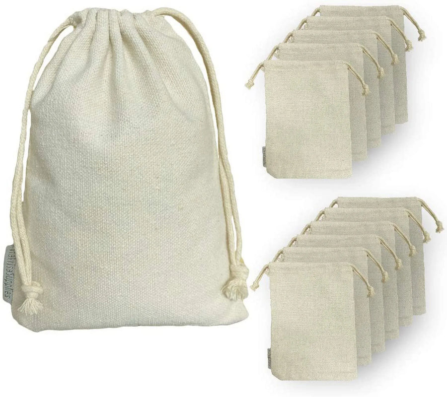 12 Pack Cotton Drawstring Bags, Heavy Duty Reusable Muslin Storage Bags, Natural 8 x 10in