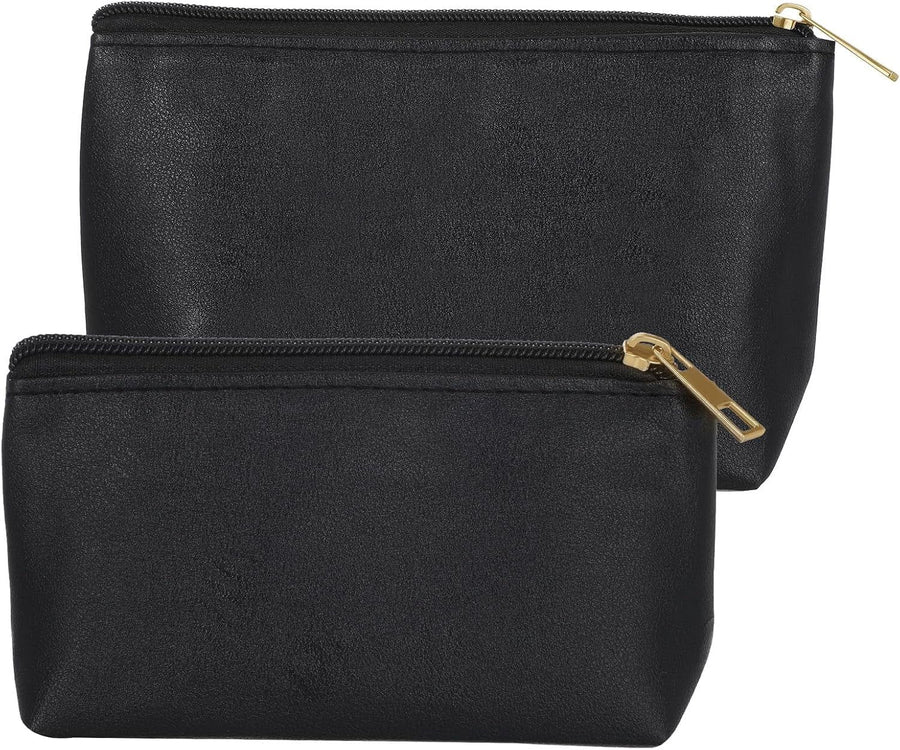 2 Pack Makeup Bag Set, PU Cosmetic Pouches with Zipper Large Opening for Travel, Black