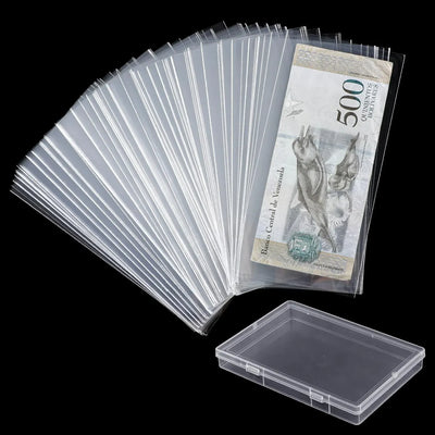 200 Pcs Currency Sleeves, Clear Plastic Banknote Protectors with Storage Box, 6.9 x 3.2 In