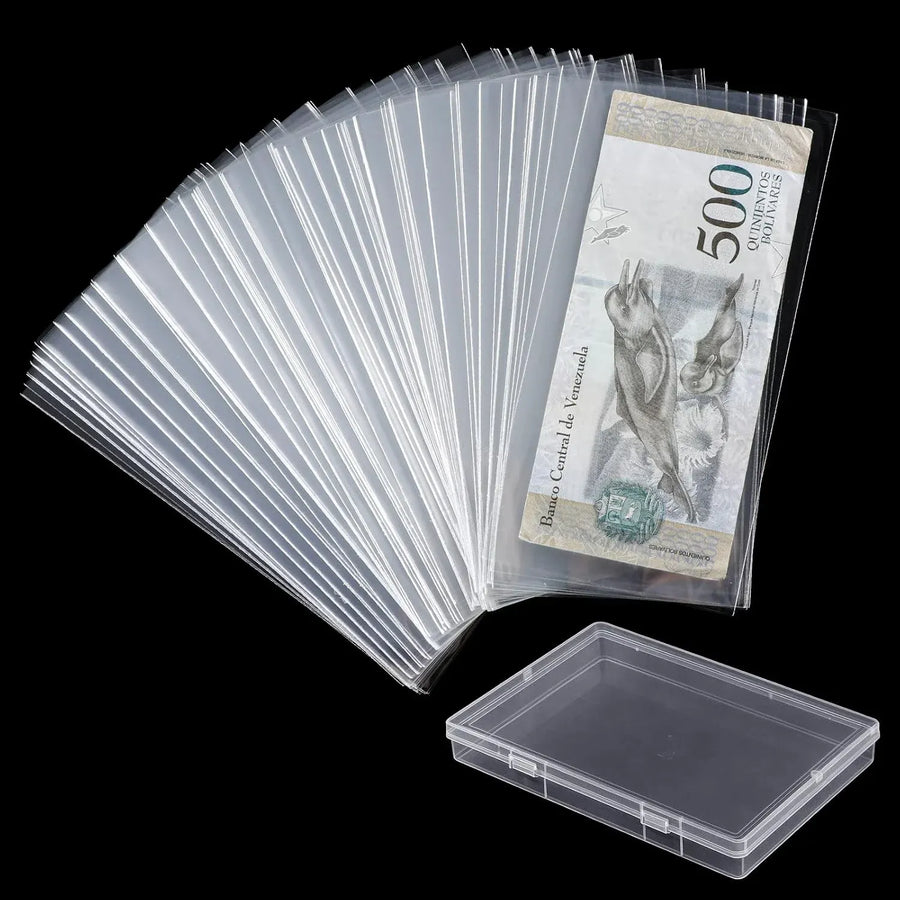 200 Pcs Currency Sleeves, Clear Plastic Banknote Protectors with Storage Box, 6.9 x 3.2 In