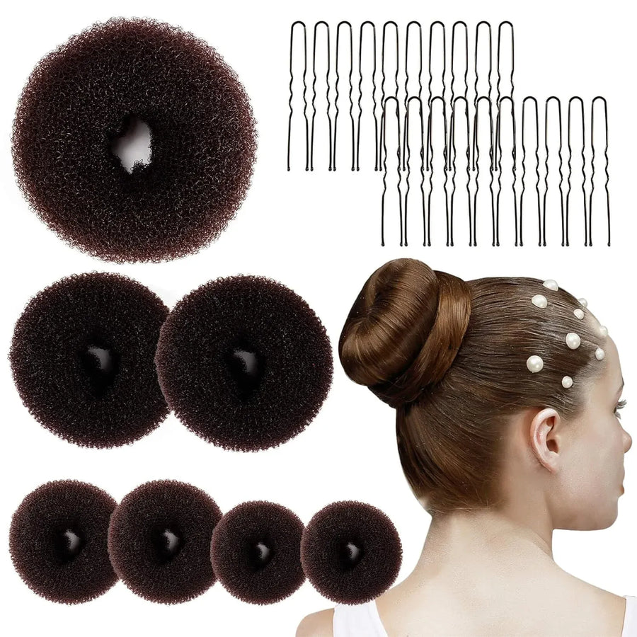 27 Pcs Hair Bun Maker Set, 7 Mesh Donut Rings and 20 U Pins for Ballet Buns Updos, Brown