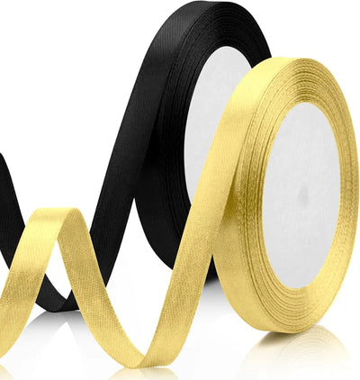 2 Pack Satin Ribbon Rolls, Polyester Craft Gift Wrapping Ribbon, Black Gold, 3/8 In x 25 Yd