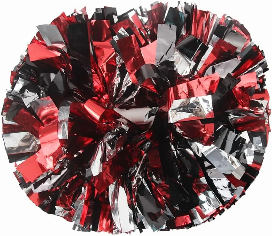 6 Pcs Metallic Cheerleading Pom Poms with Baton Handles for Sports Team Parties, Black Red Silver