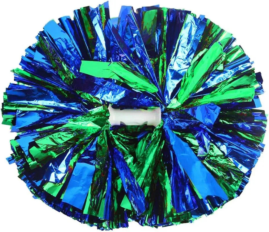 6 Pcs Metallic Cheerleading Pom Poms with Baton Handles for Sports Team Parties, Blue Green