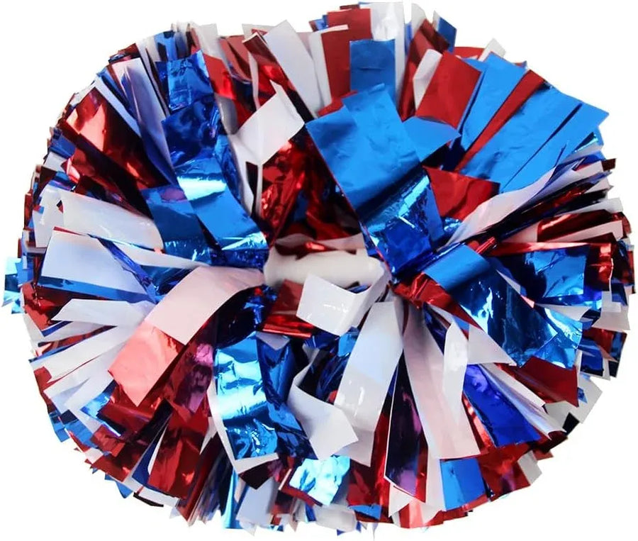 6 Pcs Metallic Cheerleading Pom Poms with Baton Handles for Sports Team Parties, Blue Red White