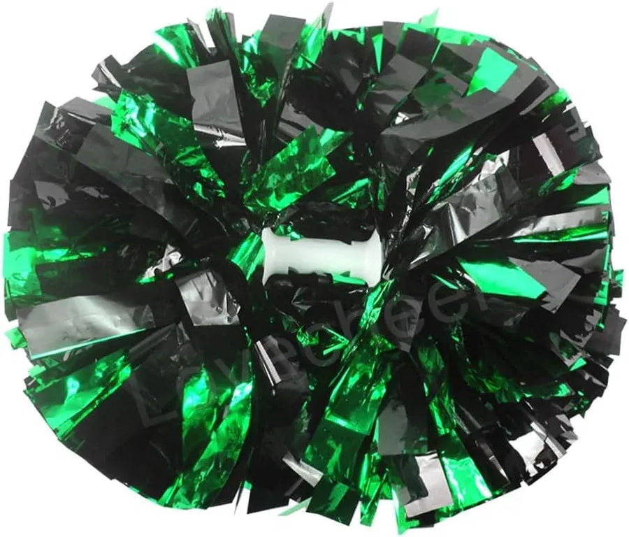 6 Pcs Metallic Cheerleading Pom Poms with Baton Handles for Sports Team Parties, Green Black
