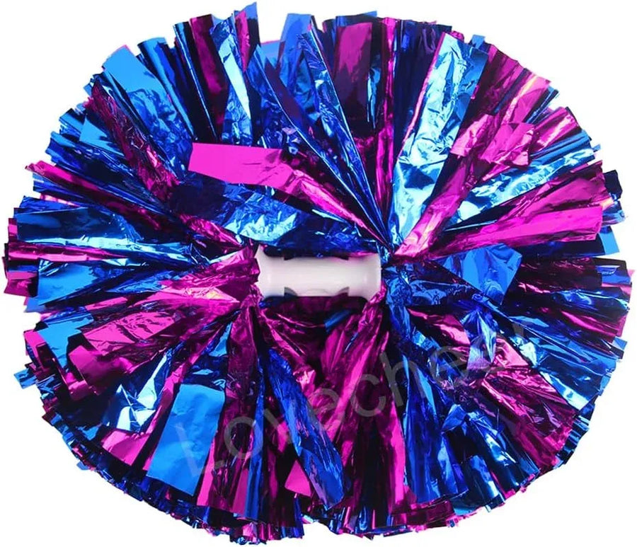 6 Pcs Metallic Cheerleading Pom Poms with Baton Handles for Sports Team Parties, Hot Pink Blue