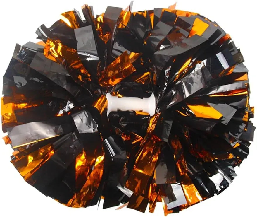 6 Pcs Metallic Cheerleading Pom Poms with Baton Handles for Sports Team Parties, Orange Black