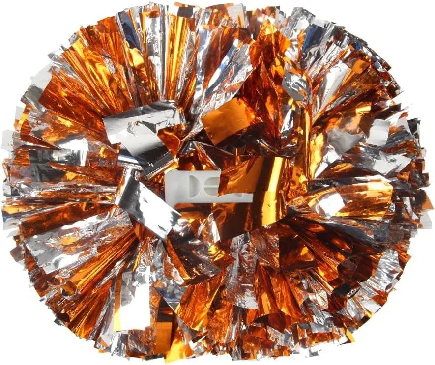 6 Pcs Metallic Cheerleading Pom Poms with Baton Handles for Sports Team Parties, Orange Silver