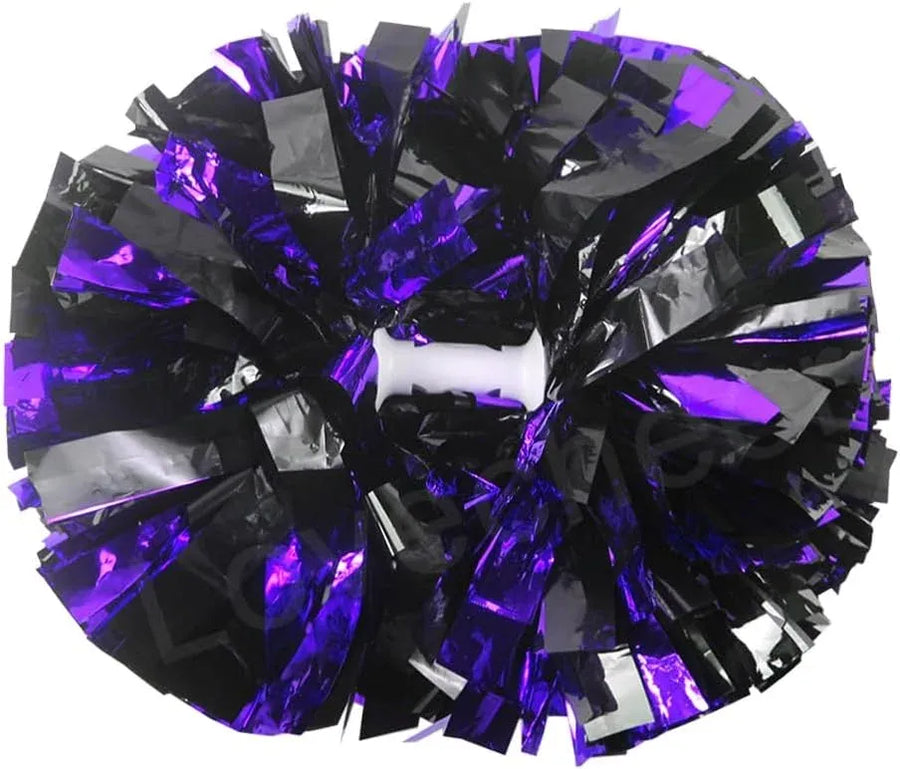 6 Pcs Metallic Cheerleading Pom Poms with Baton Handles for Sports Team Parties, Purple Black