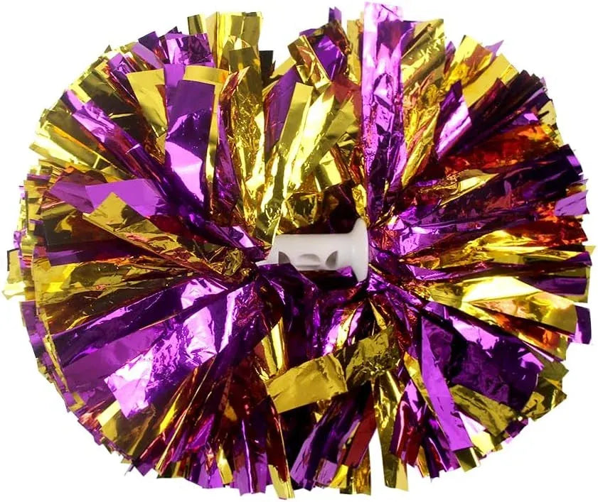 6 Pcs Metallic Cheerleading Pom Poms with Baton Handles for Sports Team Parties, Purple Gold