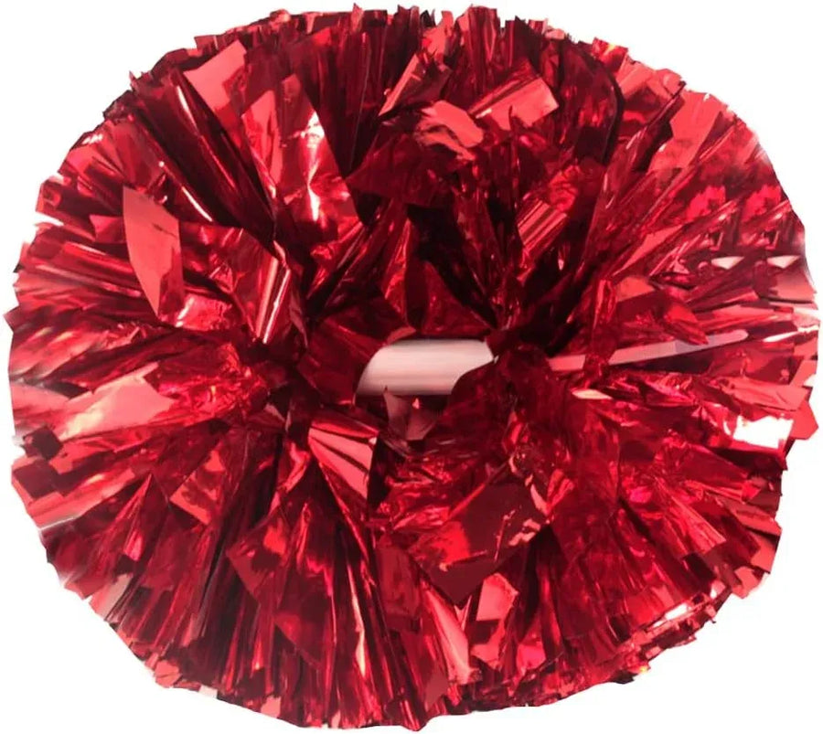 6 Pcs Metallic Cheerleading Pom Poms with Baton Handles for Sports Team Parties, Red