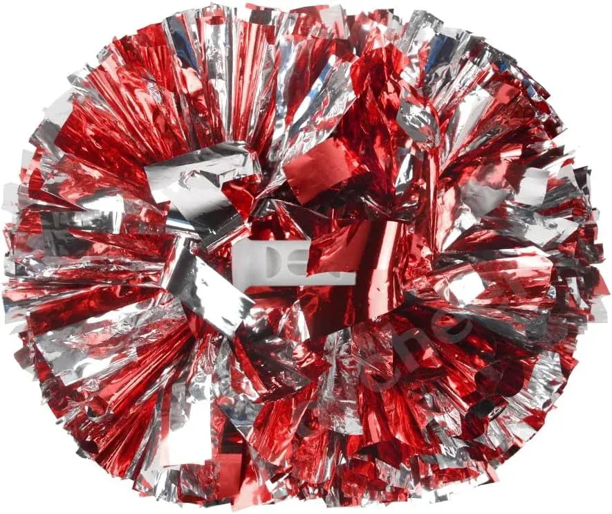 6 Pcs Metallic Cheerleading Pom Poms with Baton Handles for Sports Team Parties, Red Silver