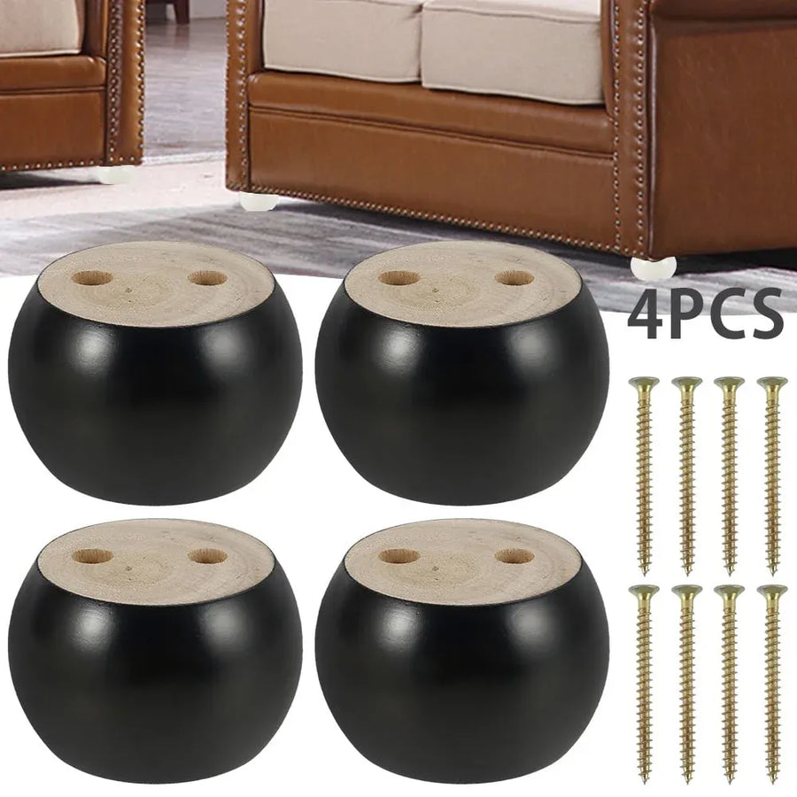 4 Pcs Round Bun Furniture Legs, Solid Eucalyptus Wood Replacement Sofa Feet, Black 2 Inch