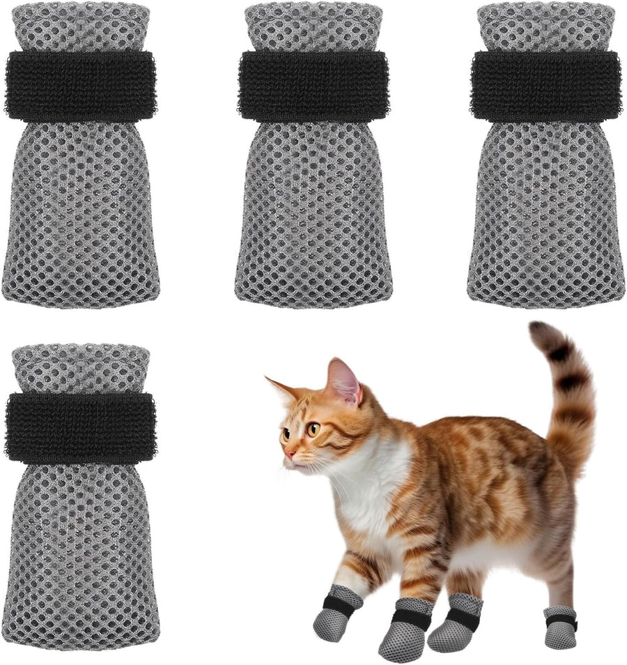 4 Pcs Cat Mittens, Adjustable Breathable Mesh Anti Scratch Paw Covers for Bathing Grooming, Gray L