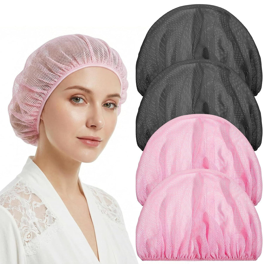 4 Pcs Mesh Sleep Bonnets for Women, Breathable Elastic Hair Nets for Sleeping, Pink and Black