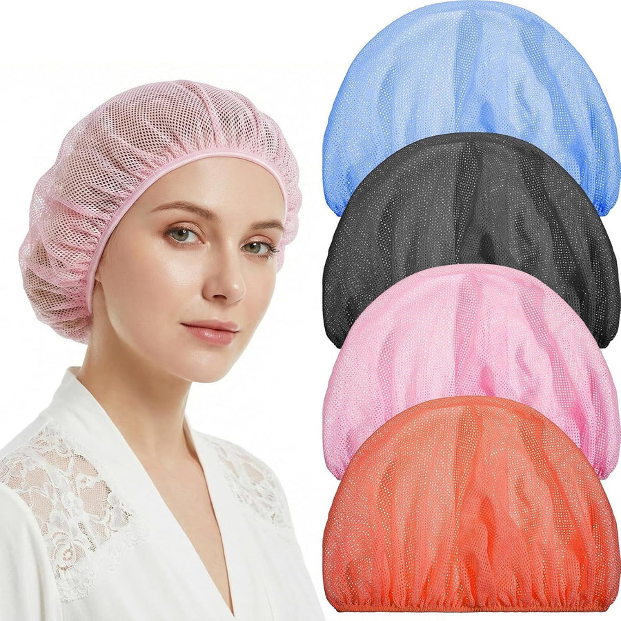 4 Pack Mesh Sleep Bonnets for Women, Breathable Elastic Hair Nets, Pink Blue Orange Black