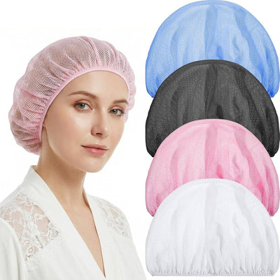 4 Pcs Mesh Sleep Bonnets for Women, Breathable Elastic Hair Nets, Pink Blue White Black