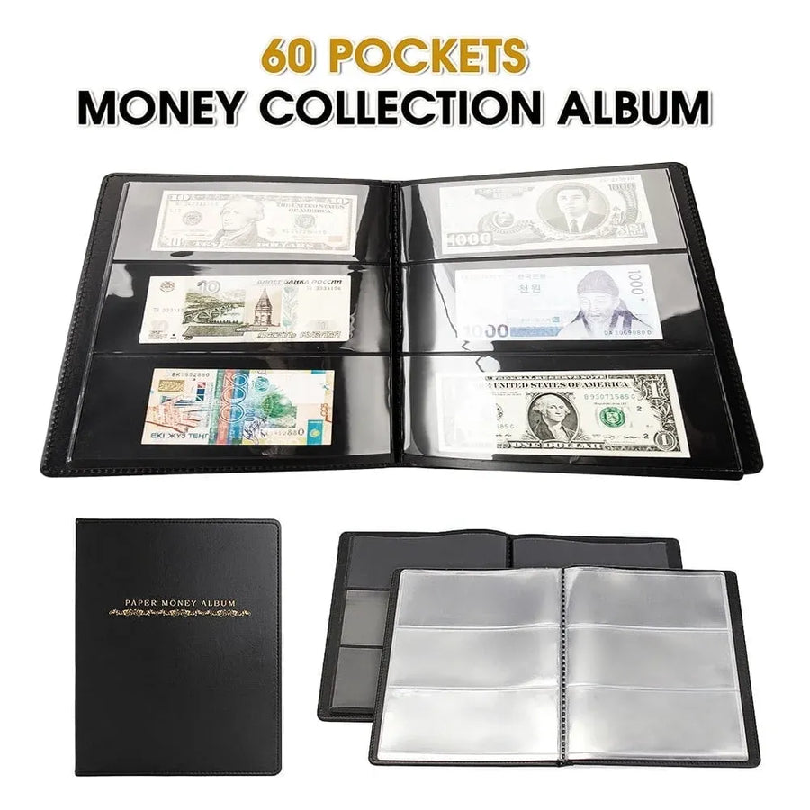 60 Pocket Paper Money Collection Album, PU Leather Banknote Stamp Ticket Binder, Black