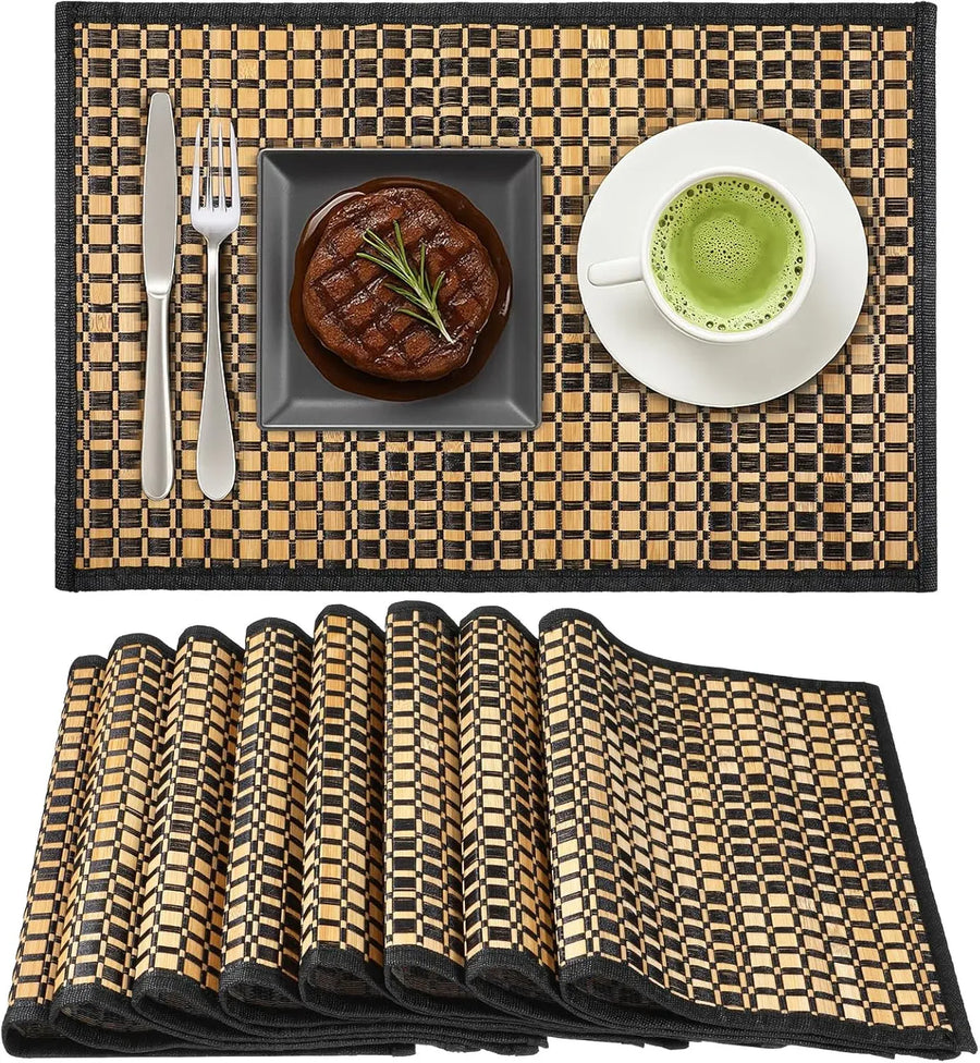 8 Pack Bamboo Placemats, Heat Resistant Anti Slip Washable Table Mats, Natural Black Brown