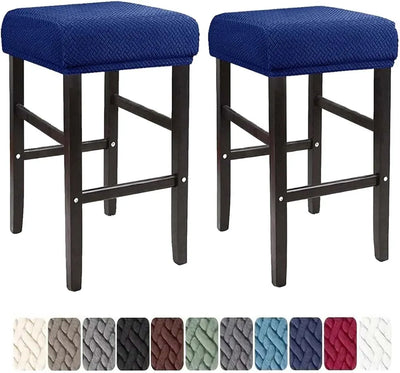 Square Saddle Bar Stool Covers Set of 2, Stretch Jacquard Washable Seat Slipcovers, Navy Blue