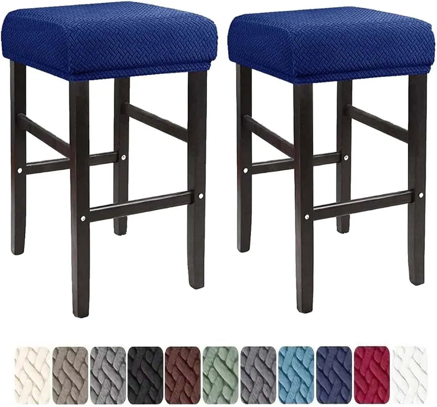 Square Saddle Bar Stool Covers Set of 2, Stretch Jacquard Washable Seat Slipcovers, Navy Blue