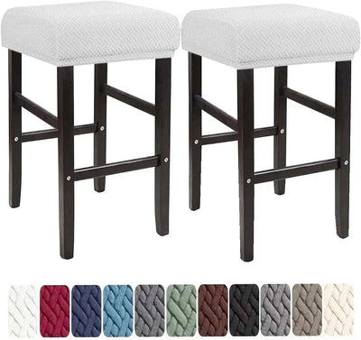 Square Saddle Bar Stool Covers Set of 2, Stretch Jacquard Washable Seat Slipcovers, White