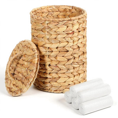 Wicker Trash Can with Lid, Handwoven Water Hyacinth Waste Basket with 100 Bags, Natural 1.3 Gal