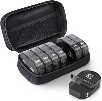 7 Day AM PM Pill Organizer, Large Travel Weekly Pill Case with Zipper Bag for Vitamins, Black