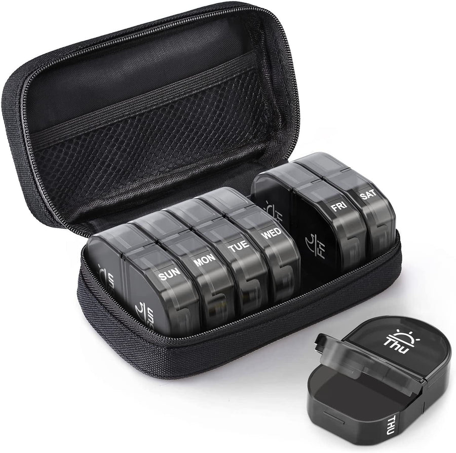 7 Day AM PM Pill Organizer, Large Travel Weekly Pill Case with Zipper Bag for Vitamins, Black