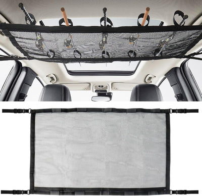 Car Ceiling Fishing Rod Holder, Double Layer Mesh Storage Net, Fits 5 Rods, Black 32 x 22 In