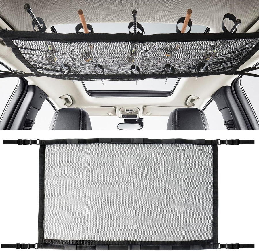 Car Ceiling Fishing Rod Holder, Double Layer Mesh Storage Net, Fits 5 Rods, Black 32 x 22 In