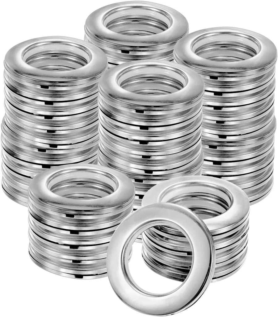 50 Pack Curtain Grommets, Plastic Snap Rings with Silencing Ring, Gloss Silver 1-9/16 In