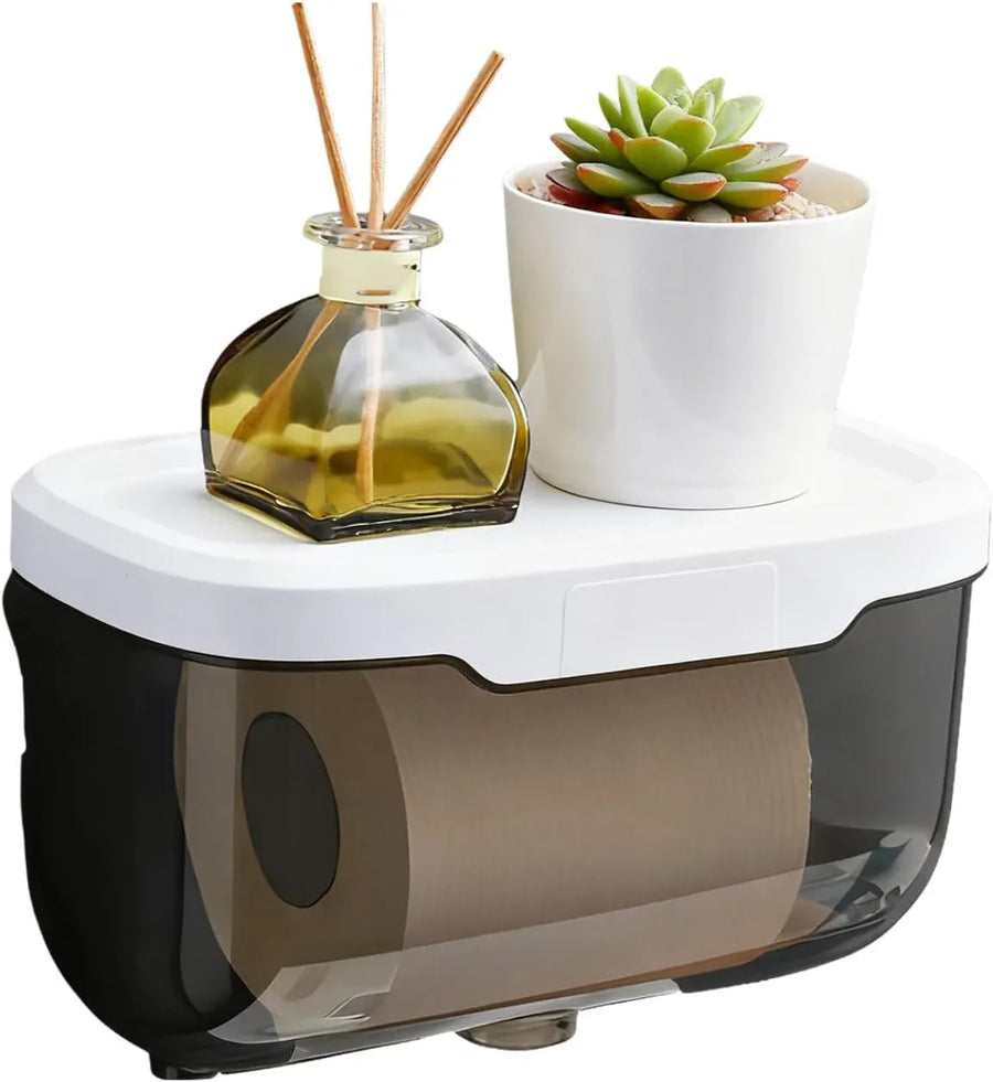 Wall Mounted Enclosed Toilet Paper Holder, Waterproof Roll Protector with Phone Shelf, Black