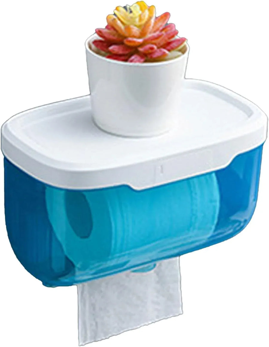 Wall Mounted Enclosed Toilet Paper Holder, Waterproof Roll Protector with Phone Shelf, Blue
