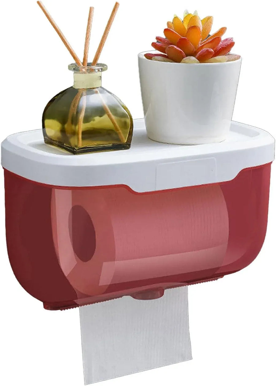 Wall Mounted Enclosed Toilet Paper Holder, Waterproof Roll Protector with Phone Shelf, Pink